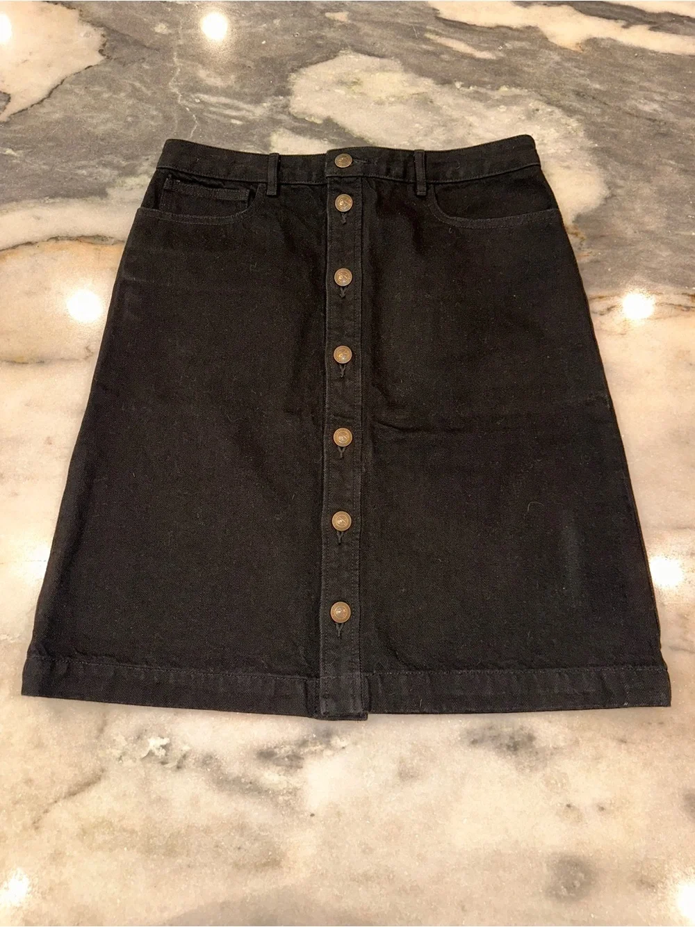 A.P.C. Theresa Size UK 40/US 8 Black Denim Skirt with Antique Brass Buttons